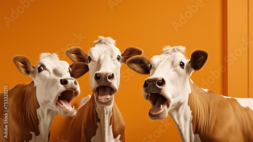 three quarter view photography of two very excited cows talking face-to-face with great excitement, wearing human casual clothes, medical wait room, orange wall, landscape in a frame, high quality photo