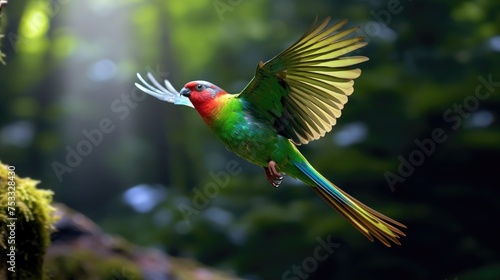 Parrot in flight with open wings, green and red colors.