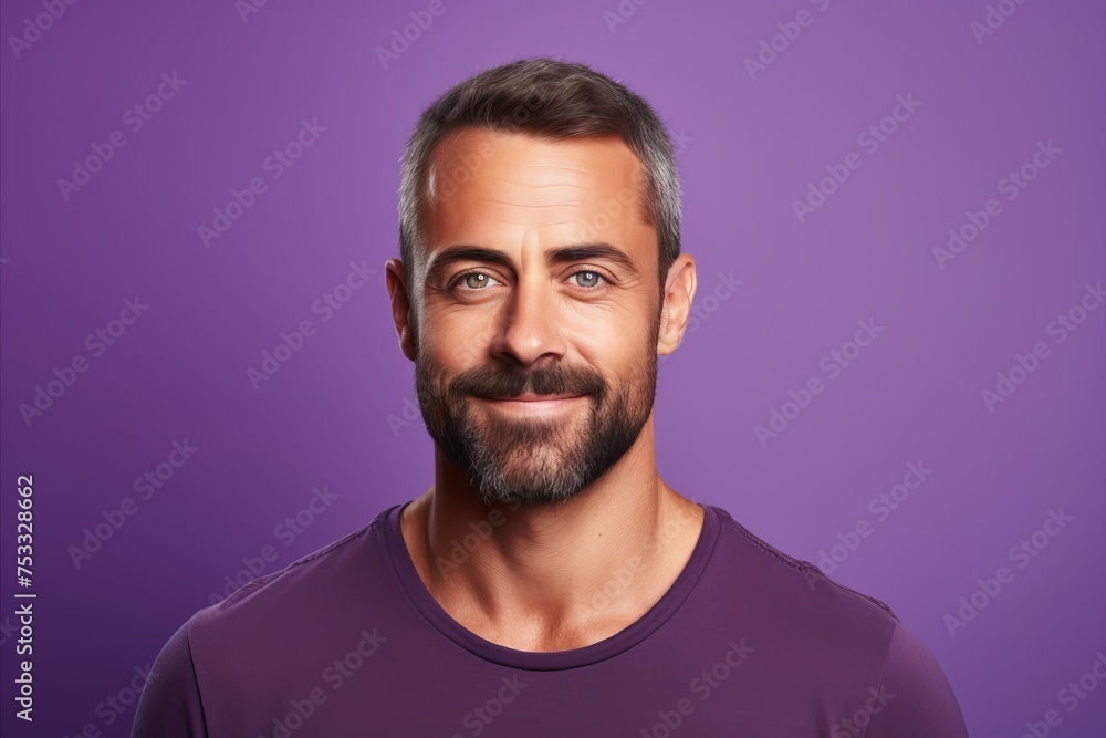 Portrait of a handsome mature man with beard and mustache over purple background. Portrait of a handsome mature man with beard and mustache over purple background.