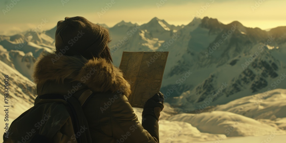 Person on snowy mountain peak with map, surrounded by clouds and plants