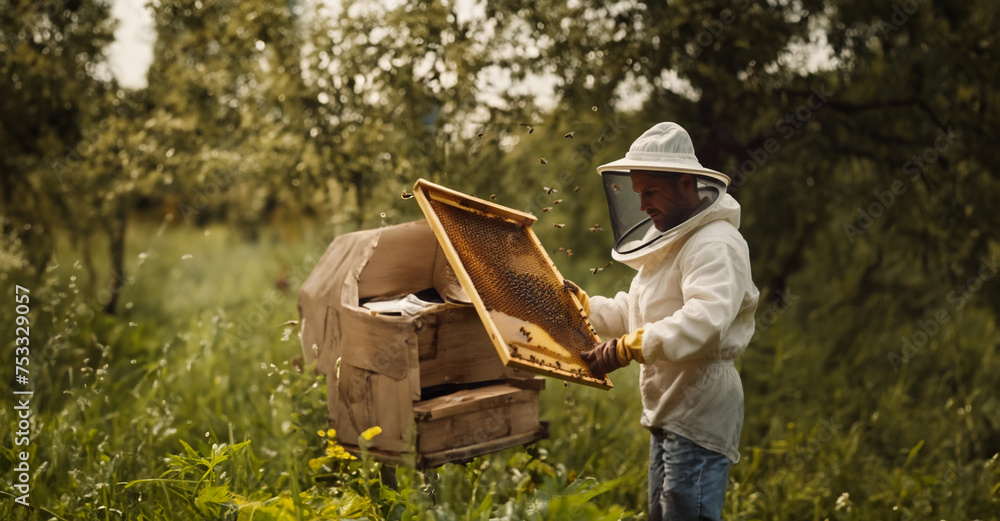 beekeeper with honeycombs in hands in nature bee apiary. beekeeper with honeycombs in hands in nature bee apiary.