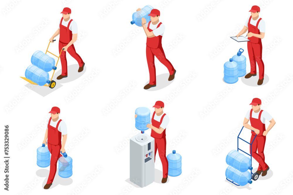 Isometric water delivery man. An employee man wearing a red cap t-shirt uniform workwear working as a dealer courier hold a big water bottle Isometric water delivery man. An employee man wearing a red cap t-shirt uniform workwear working as a dealer courier hold a big water bottle