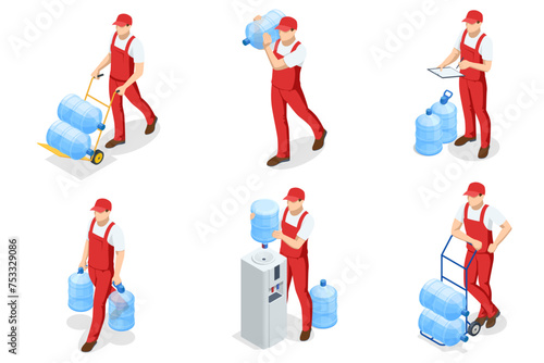 Isometric water delivery man. An employee man wearing a red cap t-shirt uniform workwear working as a dealer courier hold a big water bottle