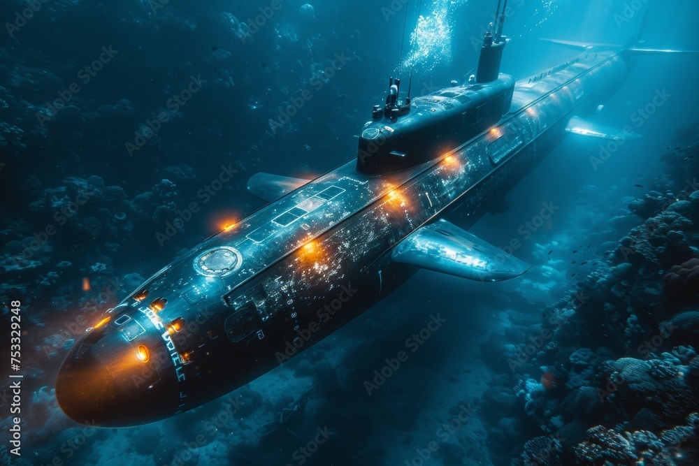 A submarine is seen in the ocean with a blue and orange light on the front A submarine is seen in the ocean with a blue and orange light on the front