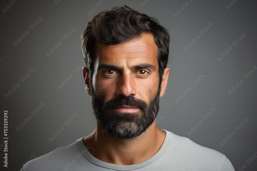 Handsome man with beard and mustache over grey background. Looking at camera. Handsome man with beard and mustache over grey background. Looking at camera.
