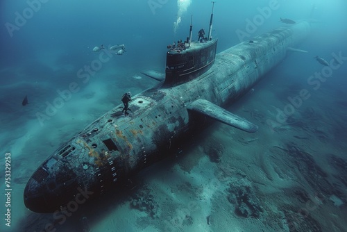 A large submarine is sitting on the ocean floor