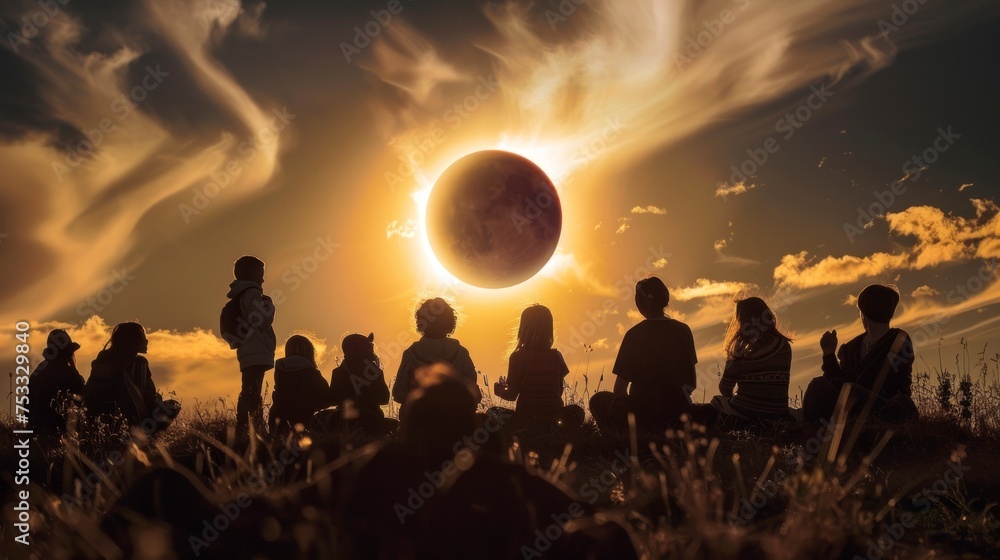 shadow of a group of people watching a solar eclipse on a hill in high resolution shadow of a group of people watching a solar eclipse on a hill in high resolution