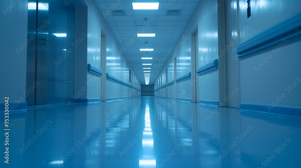 Serene Blue Hospital Corridor with Reflective Floor