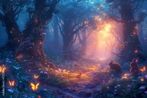 Secrets of the Night: Glowing Rabbits Follow a Hidden Path Deep Within a Fantasy Forest