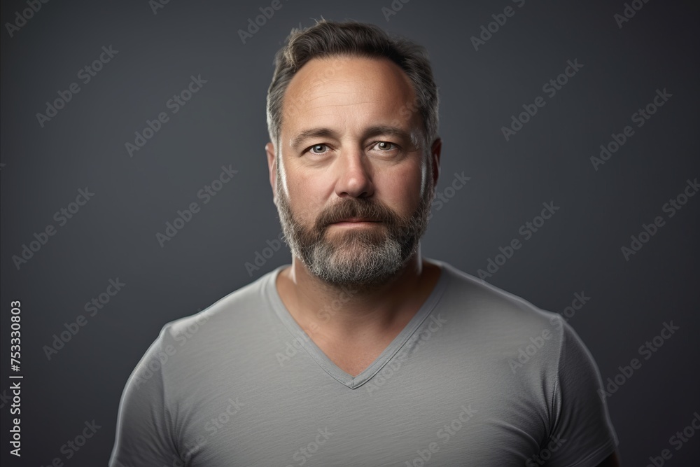 Portrait of a man with a beard on a gray background.
