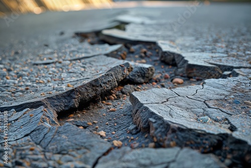 Crack in the asphalt on the road. Background with selective focus and copy space