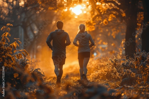 A couple running in a forest with the sun shining on them
