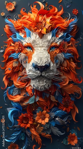 Lion made of paper flowers. Generative AI