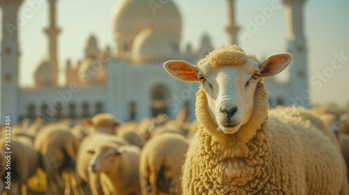 Eid al-Adha Mubarak. Eid al-Adha holiday background. Sheep with a blurry mosque background