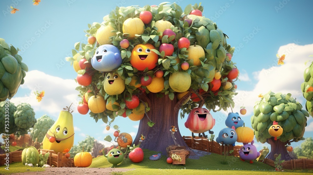 Fototapeta premium Fruit Tree Environments Explored by 3D Character