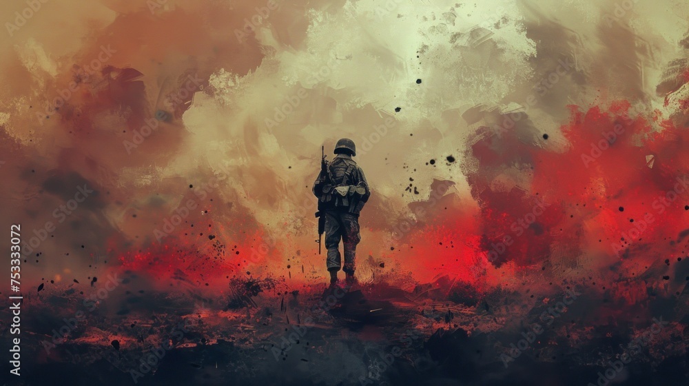 illustration painting of a lone soldier at war with explosions and smoke, bombs, death, weapons in high resolution - obrazy, fototapety, plakaty 