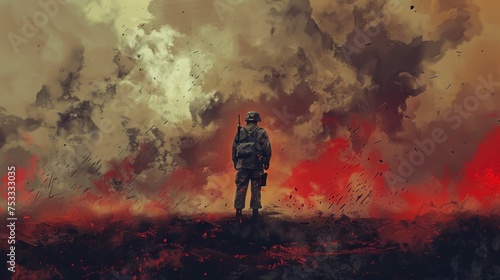 illustration painting of a lone soldier at war with explosions and smoke,bombs,death,weapons