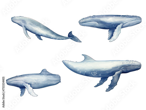 Set of whale isolated on transparent background, transparency image, removed background
