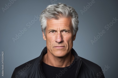 Handsome middle aged man with grey hair over grey background.