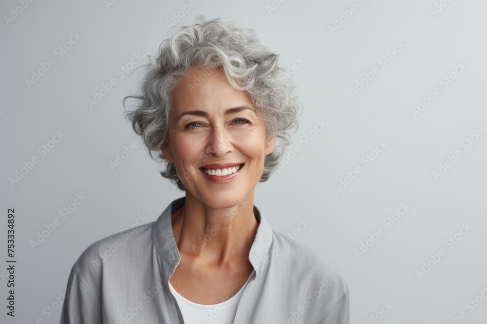 Cheerful senior woman looking at camera and smiling while standing against grey background Cheerful senior woman looking at camera and smiling while standing against grey background