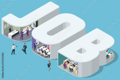 Isometric Search job vacancy, recruitment and workgroup, concept. Job interview, recruitment agency