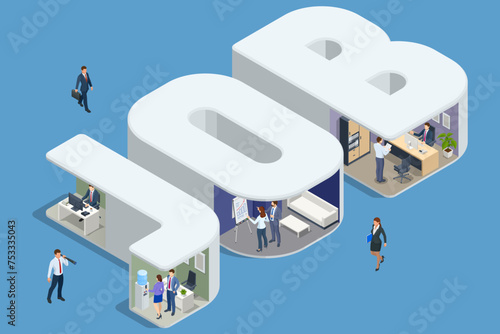 Isometric Search job vacancy, recruitment and workgroup, concept. Job interview, recruitment agency