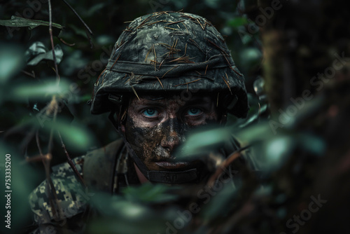 A dirty soldier in the forest  a dark photo of war and soldiers. Concept of warfare