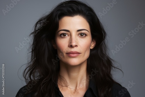 Portrait of a beautiful business woman with long black hair on a gray background