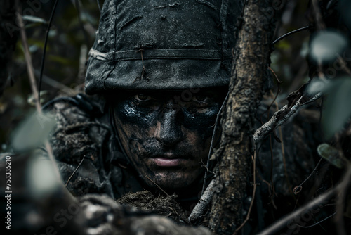 A dirty soldier in the forest, a dark photo of war and soldiers. Concept of warfare