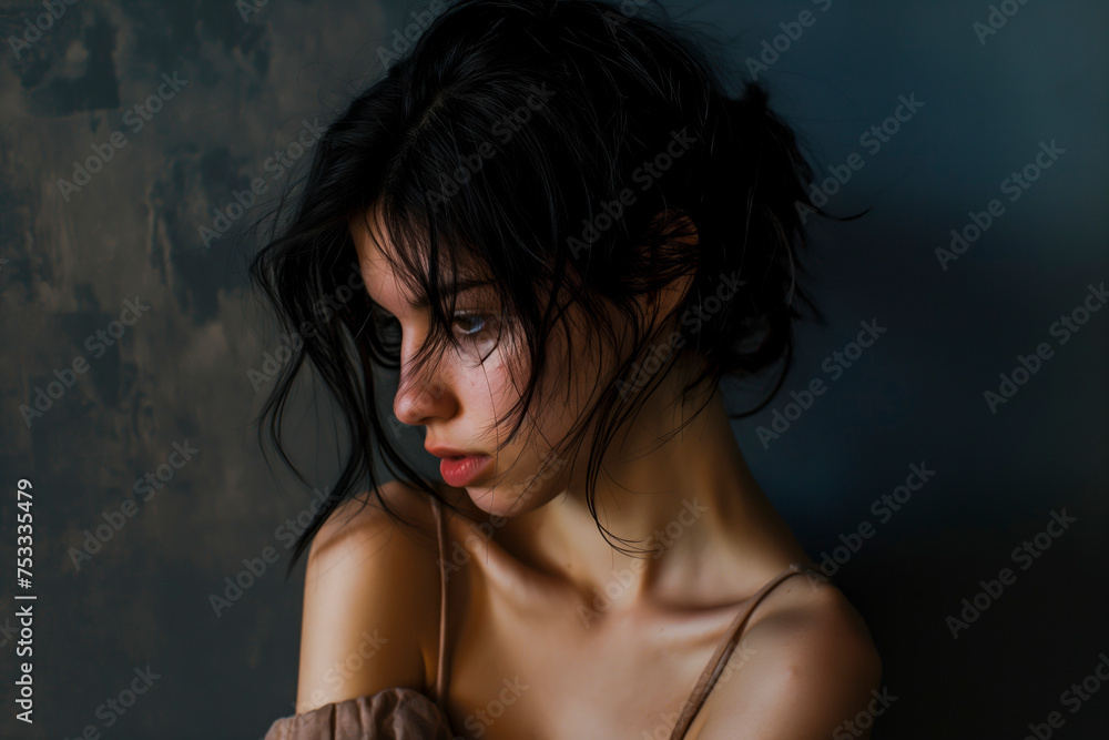 Distressed young woman or woman with depression on a dark background, portrait