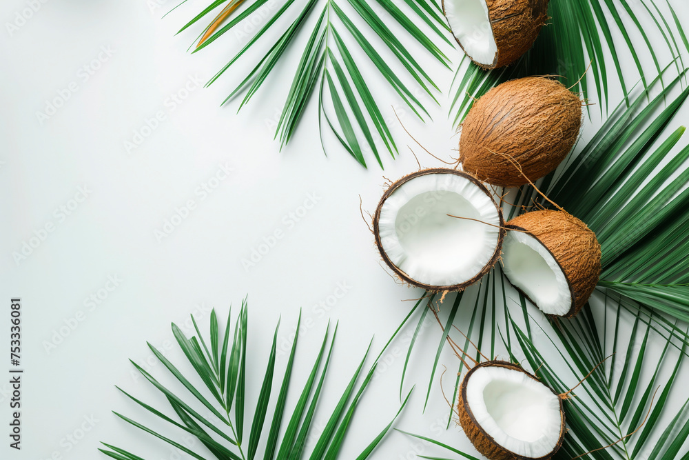 Fresh coconut whole and cut in half with palm leaf isolated on white background, top down view