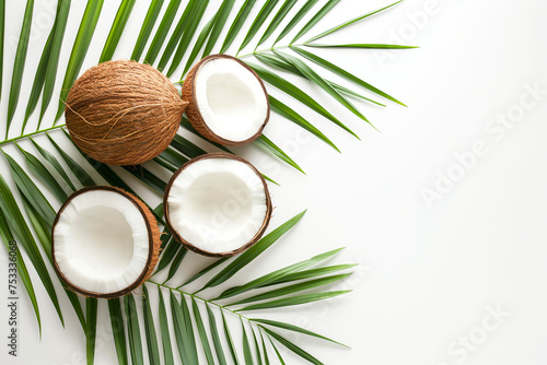 Fresh coconut whole and cut in half with palm leaf isolated on white background, top down view