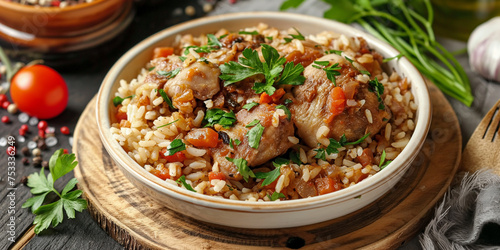 White Bowl Filled With Rice and Meat