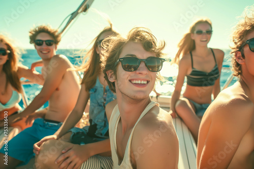 Group of young people having fun. Wearing black sunglasses, while sitting on a boat and relaxing in summer time by the sea or ocean © MVProductions