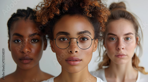 Group of Young Women with Glasses and Curly Hair in Styles of Explosive Pigmentation, To show a group of young, stylish women with glasses and curly photo