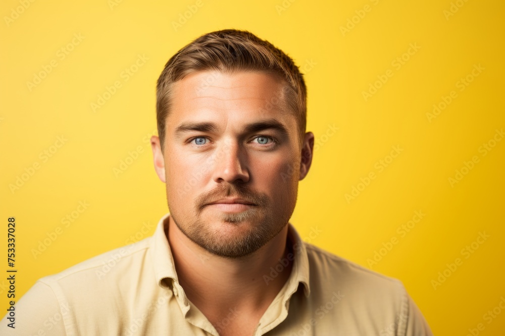 Portrait of a handsome young man with beard on yellow background.