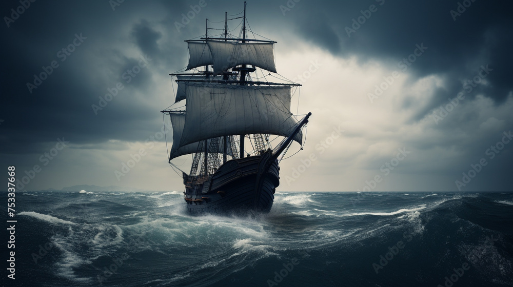 At night, a sailing ship courageously navigates through the stormy sea.