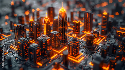 Orange Glow Cityscape with Futuristic Lights, To convey a sense of technological innovation and progress in an urban setting