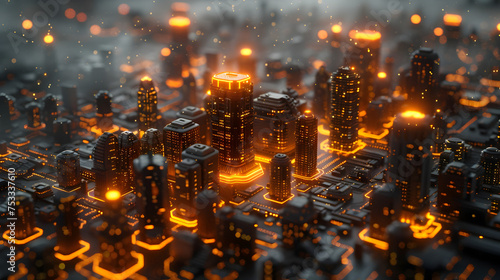 Orange Glowing 3D Cityscape in Metallic Etherialism Style, To provide a visually appealing and futuristic digital art piece for use as a desktop