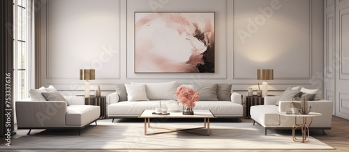 Luxurious Spacious Modern Interiors with Mockup Poster Frame Illustration