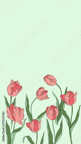 Wallpaper Mural Live illustration  vertical tulips silhouette contour cartoon animation petals leaves summer spring botany women's day, mother's, wedding, template, greeting card, floral design, flowers, plants Torontodigital.ca
