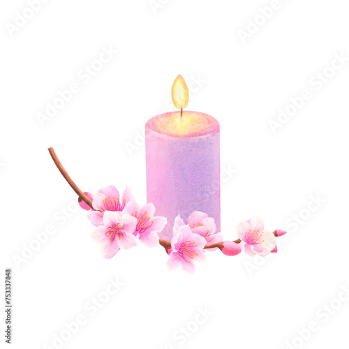 Burning purple candle and branch with sakura  peach  apple flowers on a white background. Hand drawn watercolor illustration. For design  cards  invitations  congratulations  packaging  printing