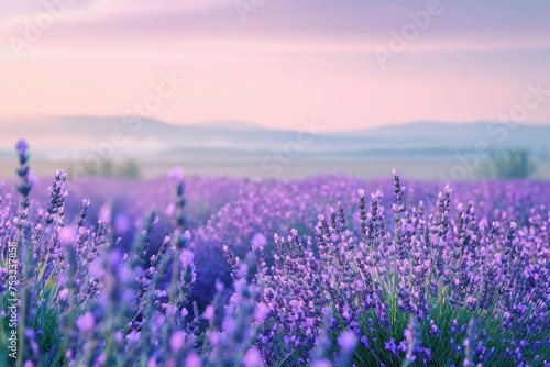 Beautiful lavender field at sunset with majestic mountains in the background, creating a tranquil and picturesque landscape