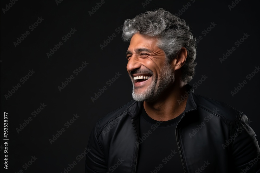 Portrait of a happy senior man in black leather jacket on a dark background Portrait of a happy senior man in black leather jacket on a dark background