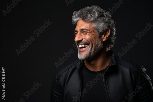 Portrait of a happy senior man in black leather jacket on a dark background