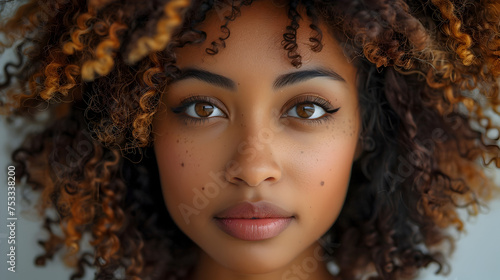 Stunning Curly Afro American Womans Face in Amber Light photo
