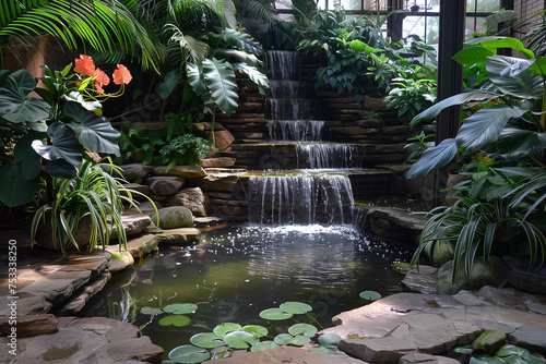 Tropical garden with waterfall indoor. photo