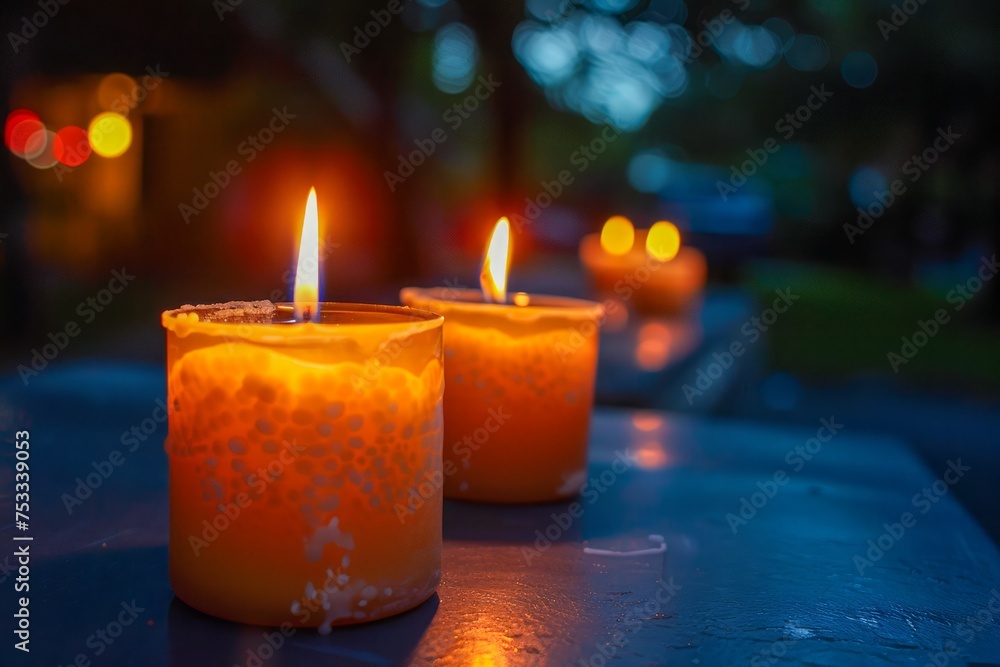 Tranquil Evening Ambiance with Warm Glowing Candles on a Blue Surface, Serene Candlelight for Relaxation or Memorial Tranquil Evening Ambiance with Warm Glowing Candles on a Blue Surface, Serene Candlelight for Relaxation or Memorial