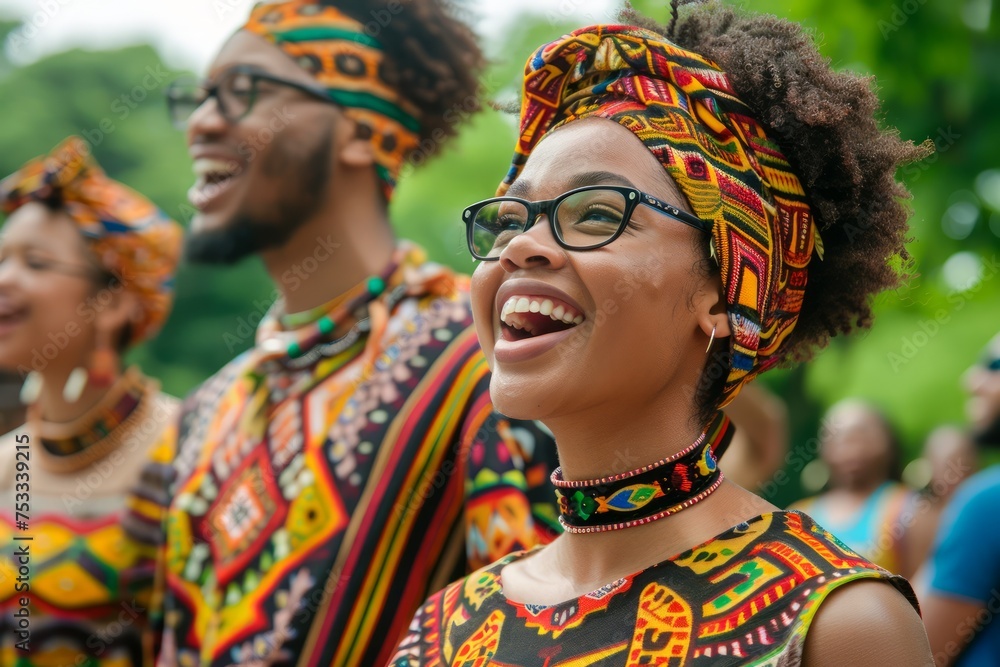 Joyful African Woman Smiling in Traditional Dress at Cultural Festival with People Cheering Background