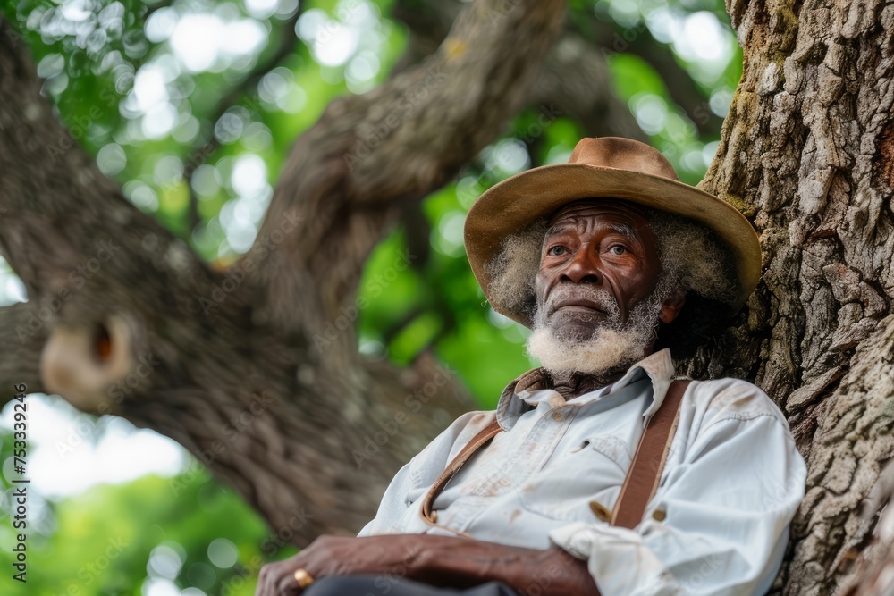 Elderly Man with Expressive Eyes in Nature, Sitting Thoughtfully Under Tree, Wearing Hat Elderly Man with Expressive Eyes in Nature, Sitting Thoughtfully Under Tree, Wearing Hat
